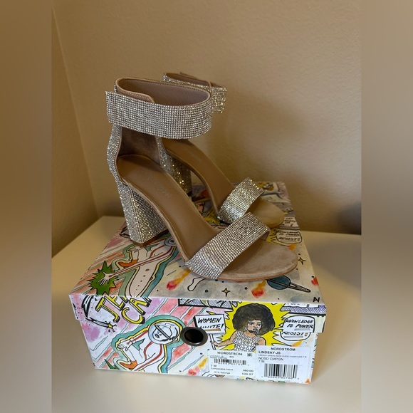 NWT Jeffery Campbell Lindsay Sandal Block Heel in Nude Suede Champagne Sparkle - Picture 7 of 12